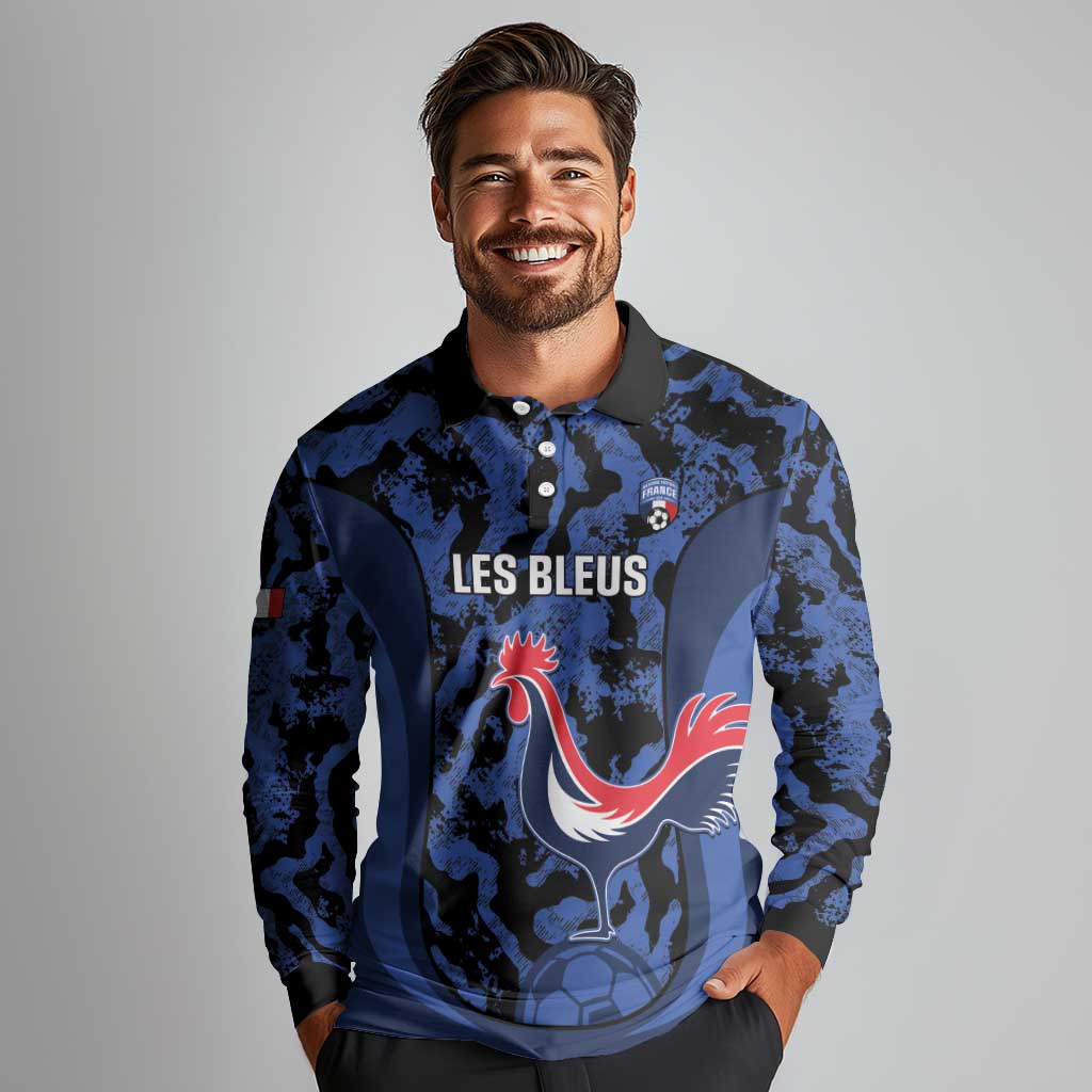 Custom France Football Long Sleeve Polo Shirt 2026 Allez Les Bleus Rooster Grunge - Wonder Print Shop
