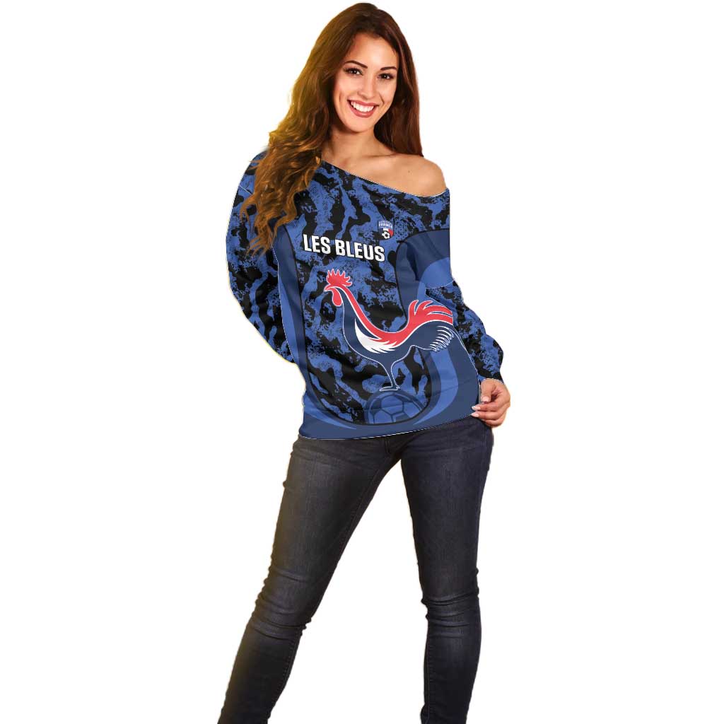 Custom France Football Off Shoulder Sweater 2026 Allez Les Bleus Rooster Grunge - Wonder Print Shop