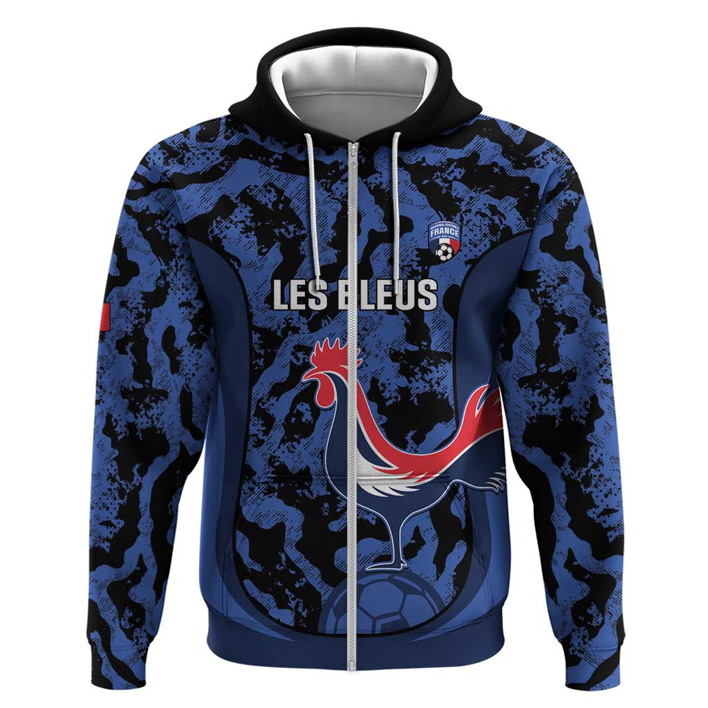 Custom France Football Zip Hoodie 2026 Allez Les Bleus Rooster Grunge - Wonder Print Shop