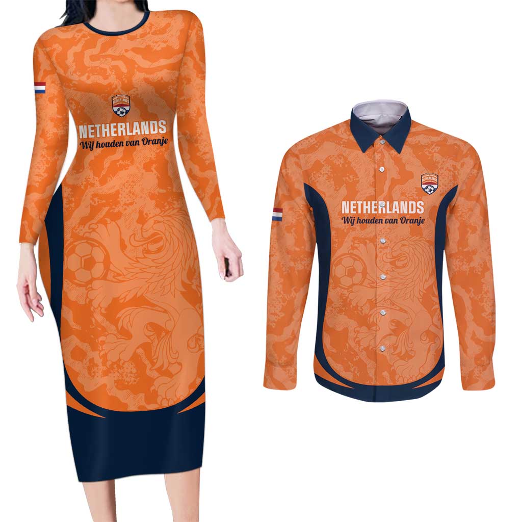 Custom Netherlands Football Couples Matching Long Sleeve Bodycon Dress and Long Sleeve Button Shirt 2026 Come On Oranje - Wonder Print Shop