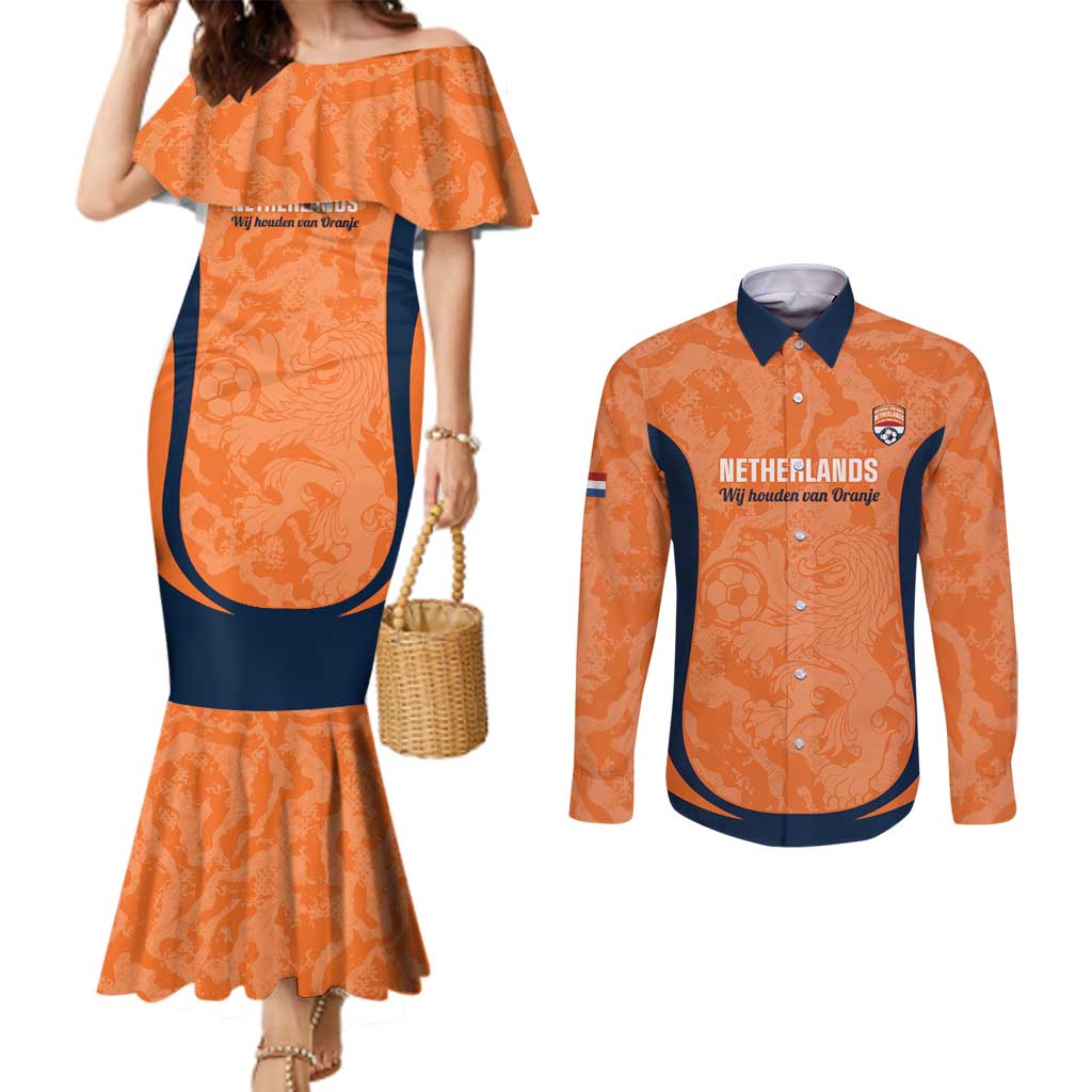 Custom Netherlands Football Couples Matching Mermaid Dress and Long Sleeve Button Shirt 2026 Come On Oranje - Wonder Print Shop