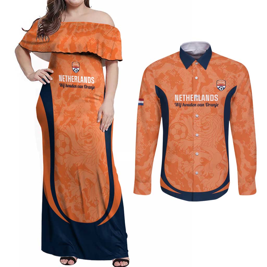 Custom Netherlands Football Couples Matching Off Shoulder Maxi Dress and Long Sleeve Button Shirt 2026 Come On Oranje - Wonder Print Shop
