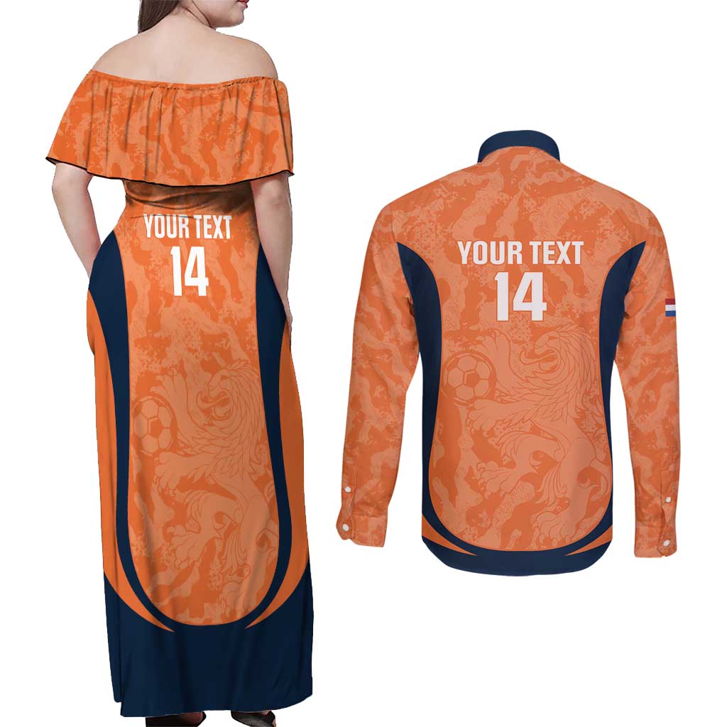 Custom Netherlands Football Couples Matching Off Shoulder Maxi Dress and Long Sleeve Button Shirt 2026 Come On Oranje - Wonder Print Shop