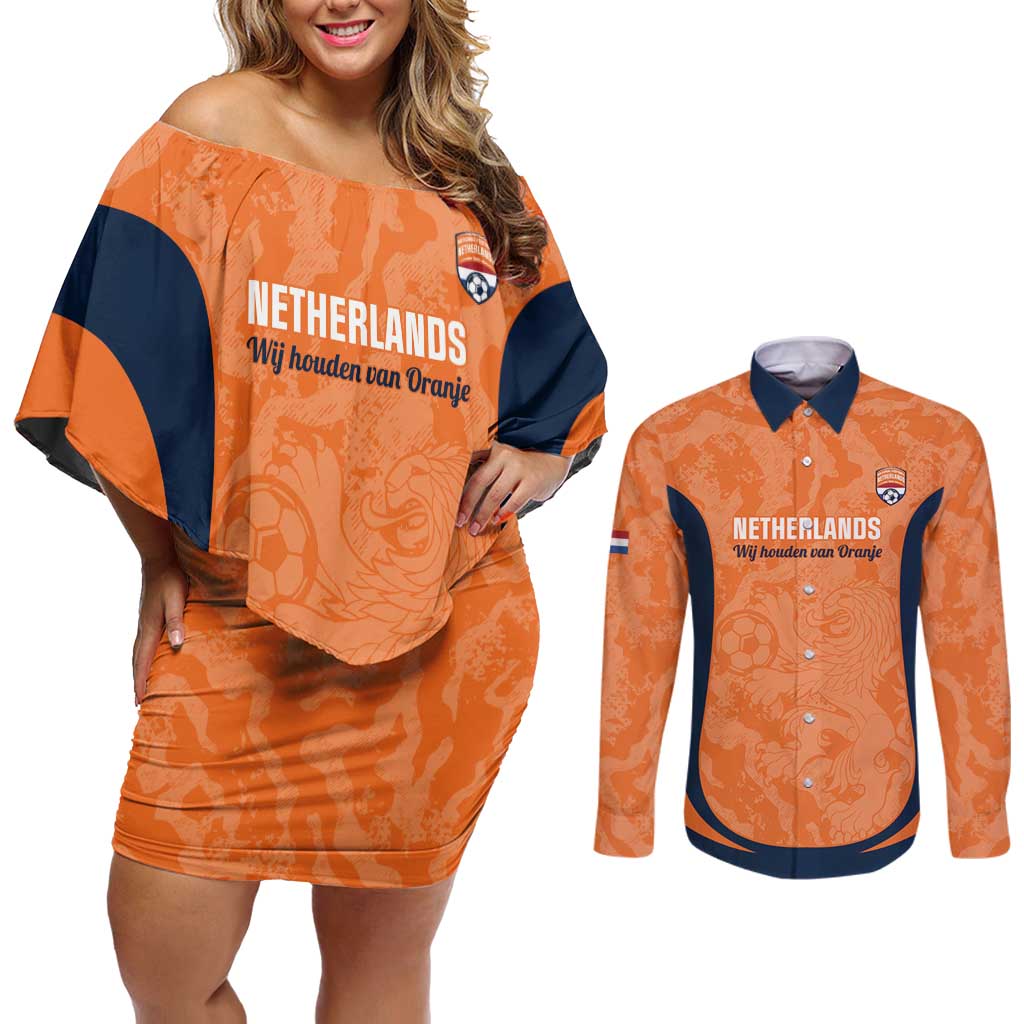 Custom Netherlands Football Couples Matching Off Shoulder Short Dress and Long Sleeve Button Shirt 2026 Come On Oranje - Wonder Print Shop