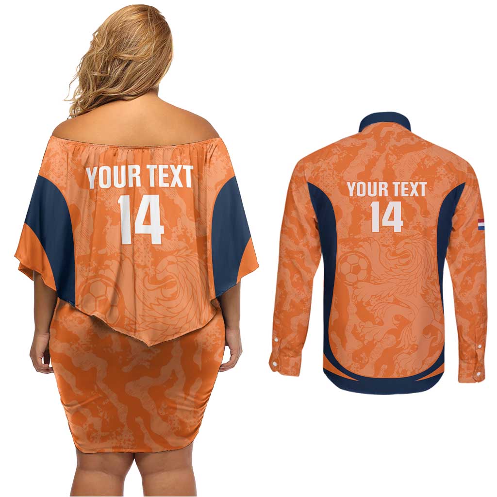 Custom Netherlands Football Couples Matching Off Shoulder Short Dress and Long Sleeve Button Shirt 2026 Come On Oranje - Wonder Print Shop