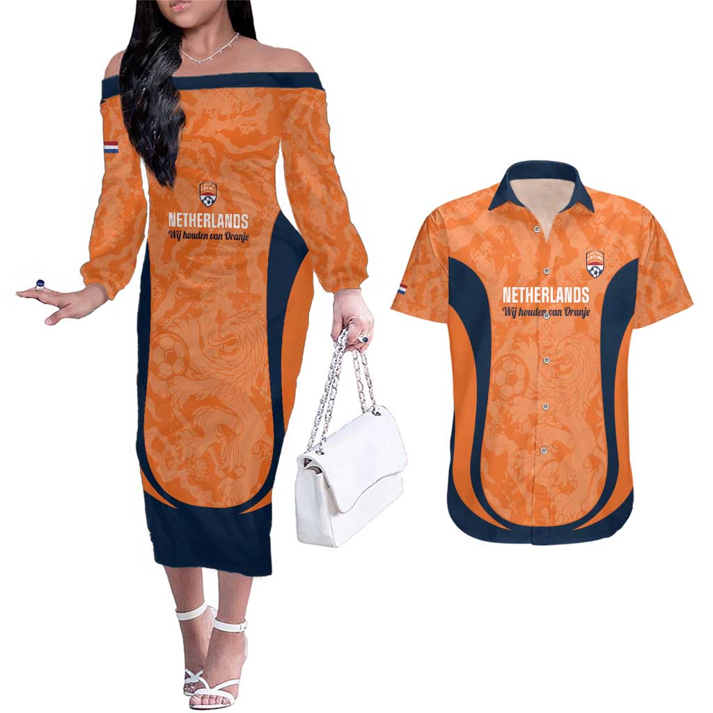 Custom Netherlands Football Couples Matching Off The Shoulder Long Sleeve Dress and Hawaiian Shirt 2026 Come On Oranje - Wonder Print Shop