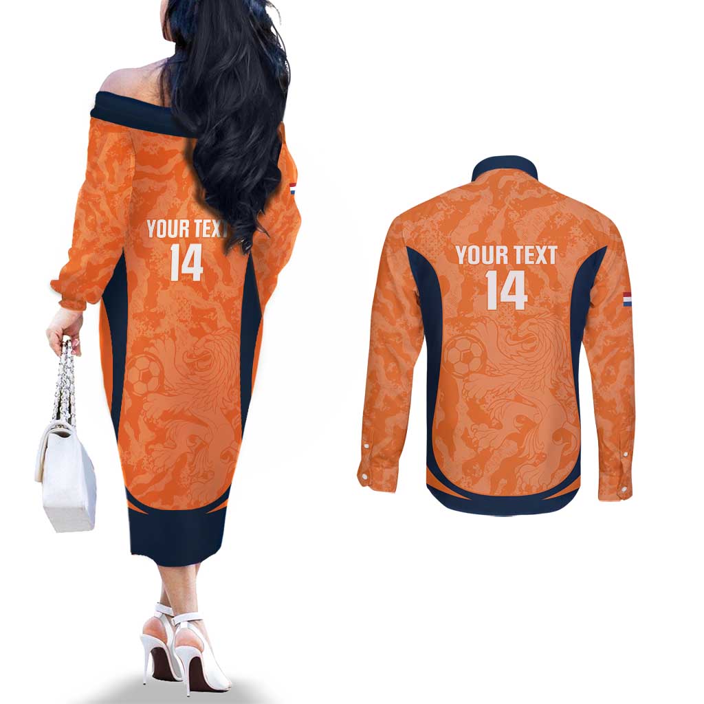 Custom Netherlands Football Couples Matching Off The Shoulder Long Sleeve Dress and Long Sleeve Button Shirt 2026 Come On Oranje - Wonder Print Shop