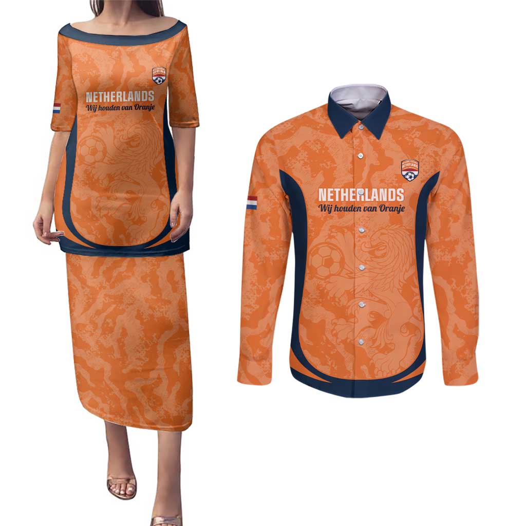 Custom Netherlands Football Couples Matching Puletasi and Long Sleeve Button Shirt 2026 Come On Oranje - Wonder Print Shop