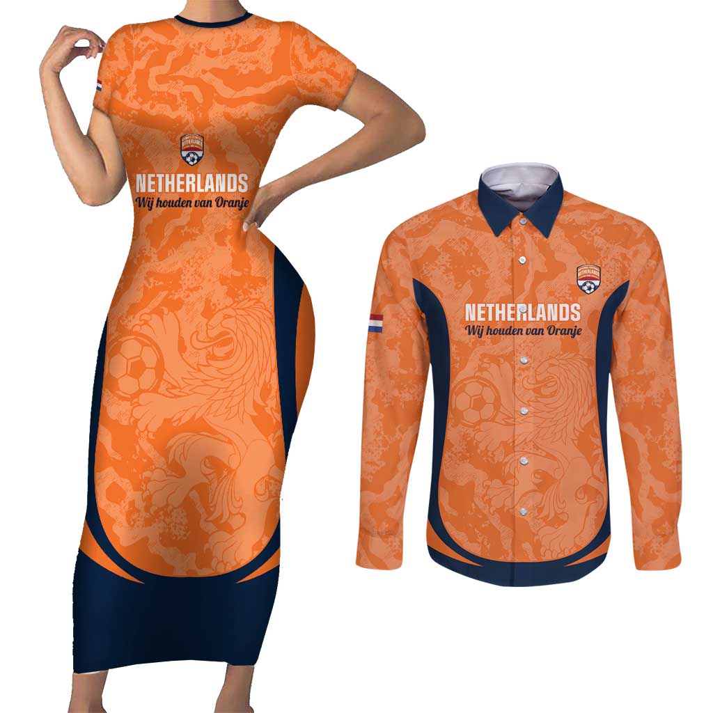 Custom Netherlands Football Couples Matching Short Sleeve Bodycon Dress and Long Sleeve Button Shirt 2026 Come On Oranje - Wonder Print Shop
