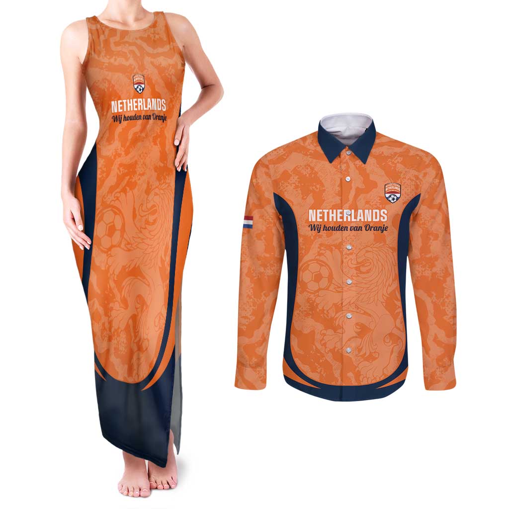 Custom Netherlands Football Couples Matching Tank Maxi Dress and Long Sleeve Button Shirt 2026 Come On Oranje - Wonder Print Shop