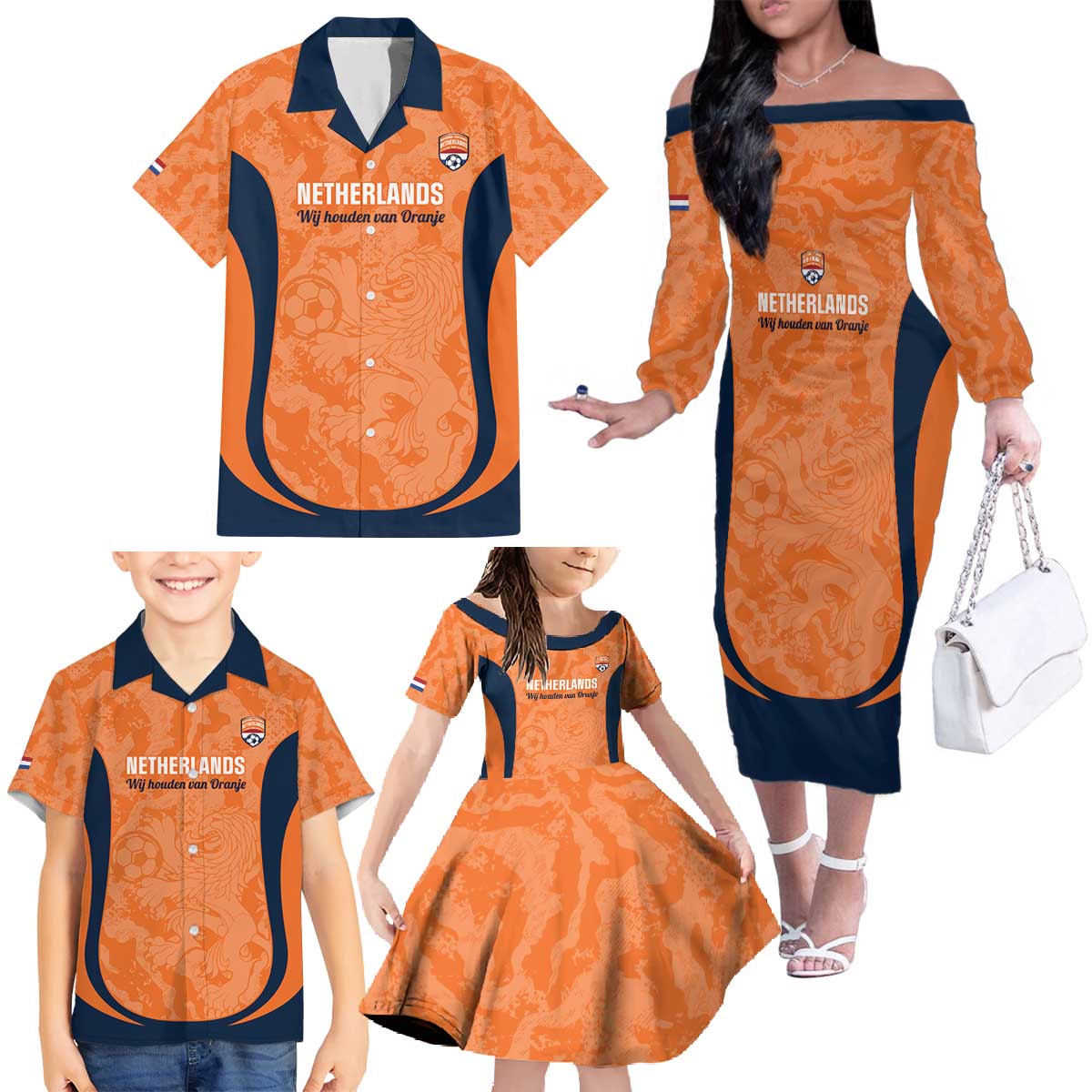Custom Netherlands Football Family Matching Off The Shoulder Long Sleeve Dress and Hawaiian Shirt 2026 Come On Oranje - Wonder Print Shop