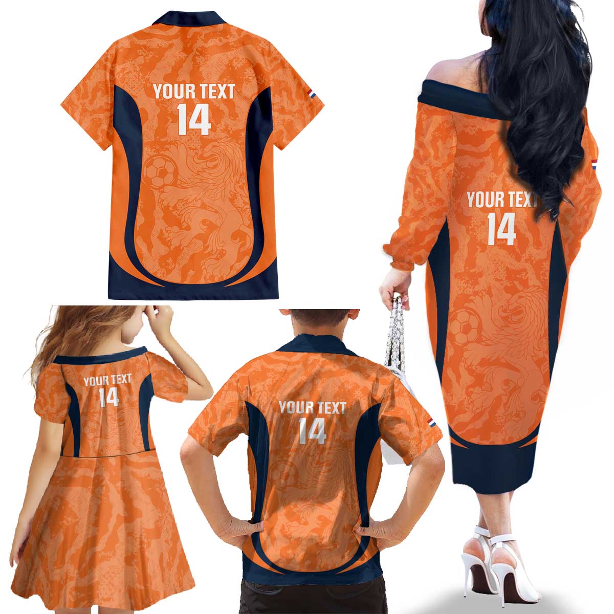 Custom Netherlands Football Family Matching Off The Shoulder Long Sleeve Dress and Hawaiian Shirt 2026 Come On Oranje - Wonder Print Shop