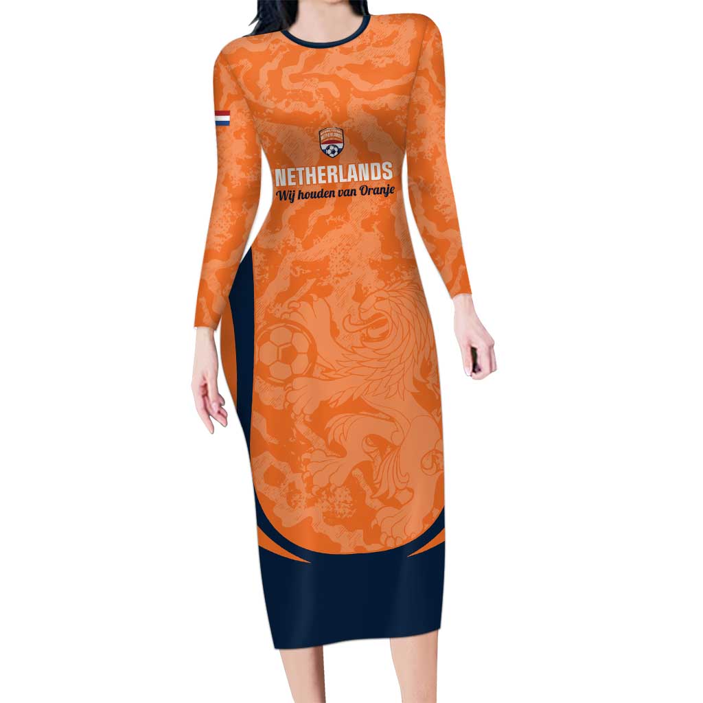 Custom Netherlands Football Long Sleeve Bodycon Dress 2026 Come On Oranje - Wonder Print Shop