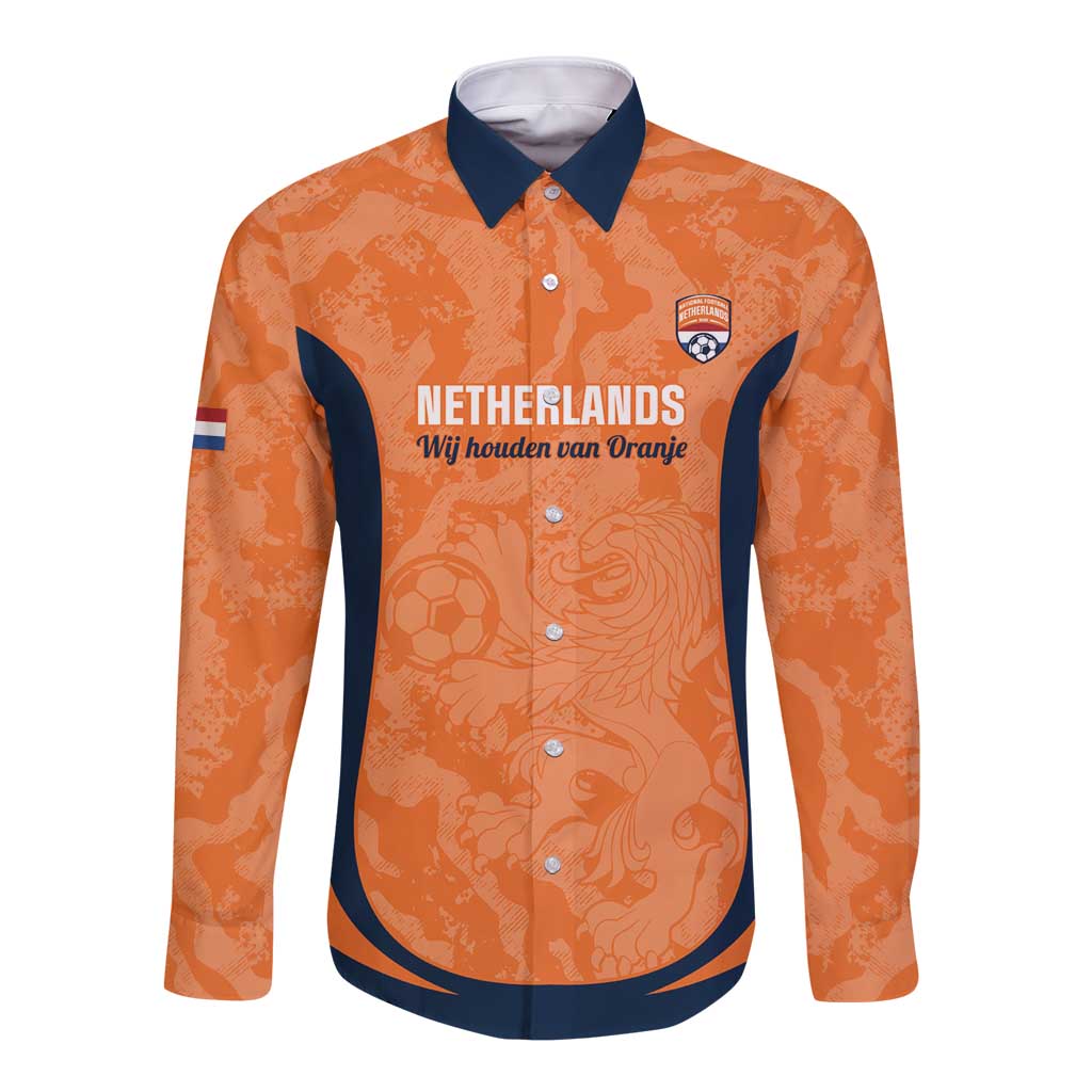Custom Netherlands Football Long Sleeve Button Shirt 2026 Come On Oranje - Wonder Print Shop