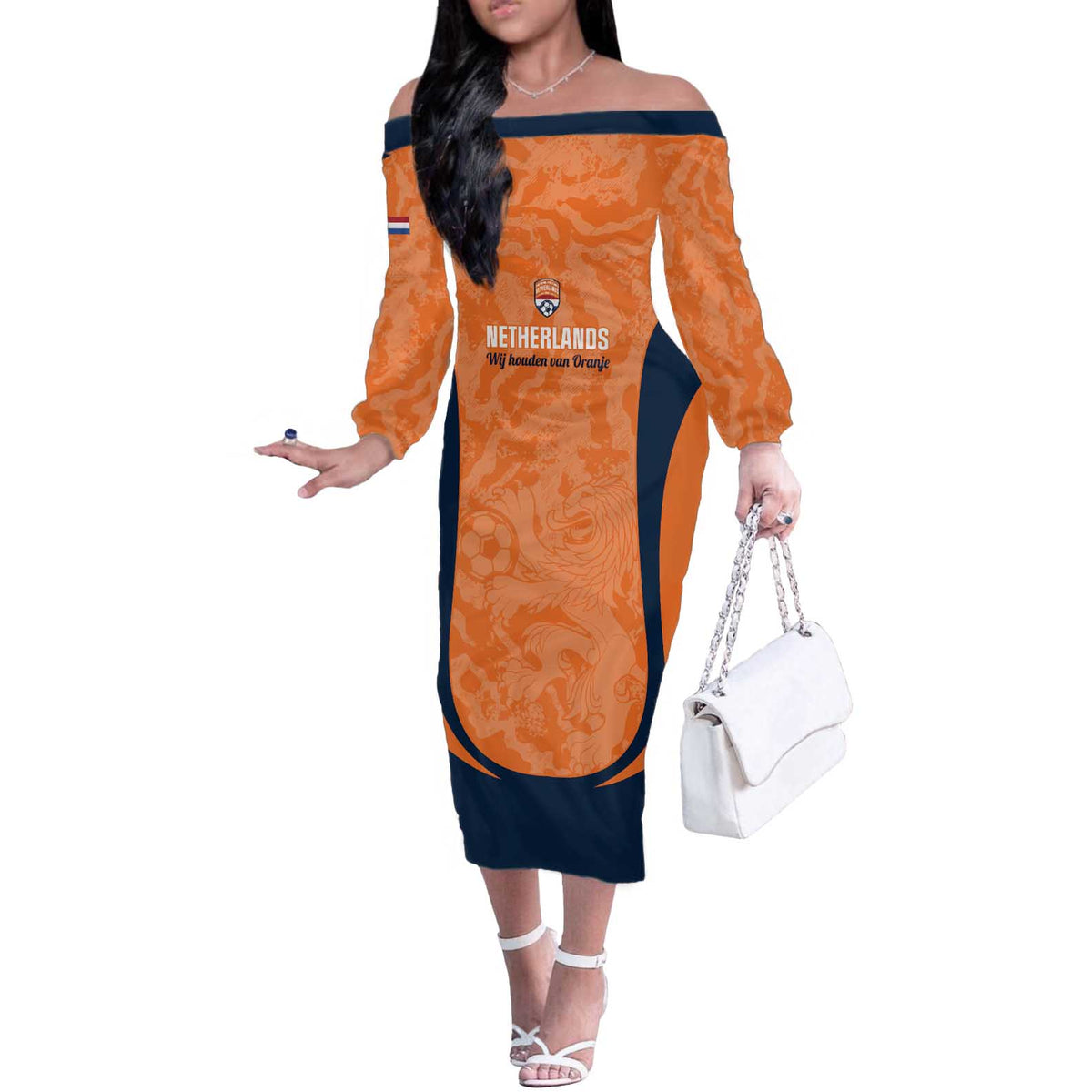 Custom Netherlands Football Off The Shoulder Long Sleeve Dress 2026 Come On Oranje - Wonder Print Shop
