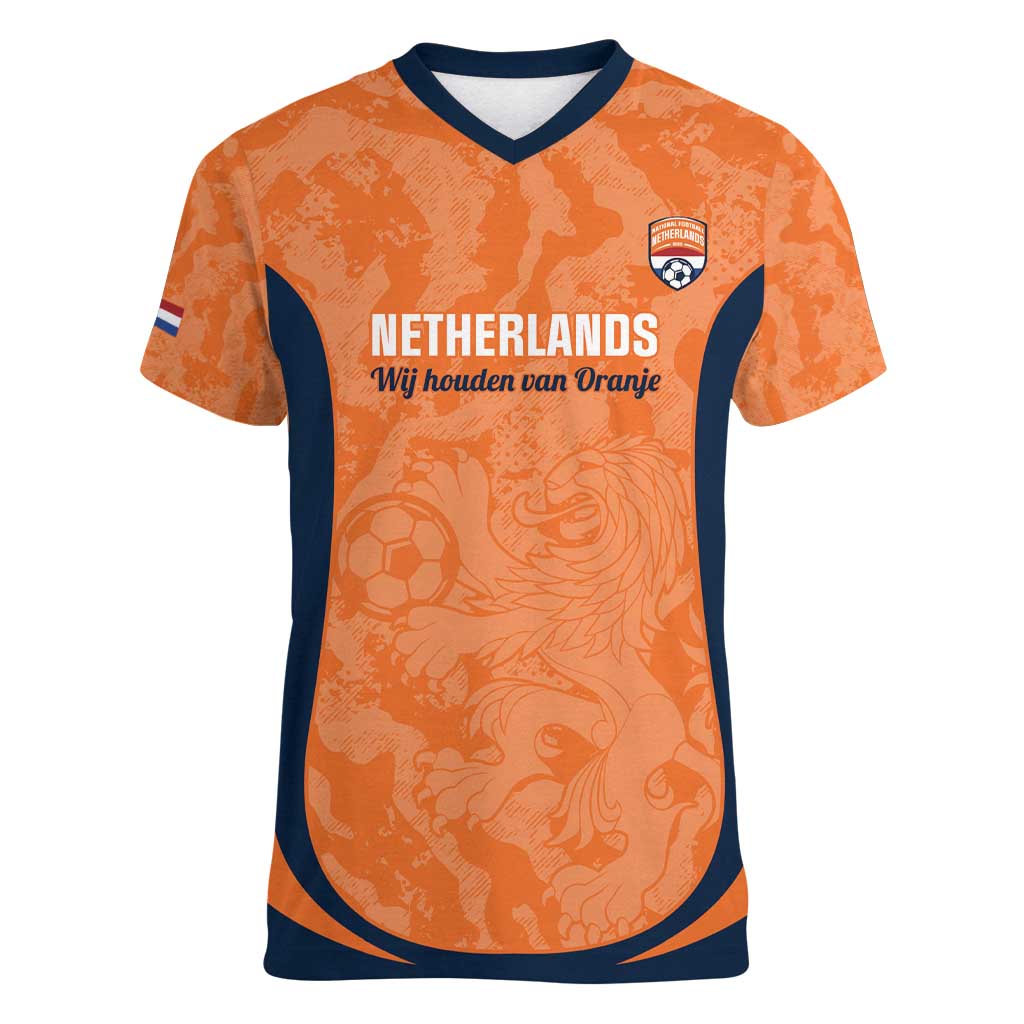 Custom Netherlands Football Women V-Neck T-Shirt 2026 Come On Oranje - Wonder Print Shop
