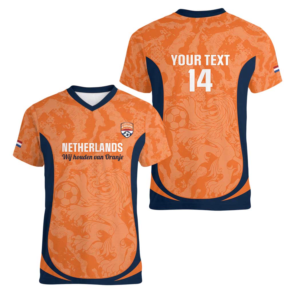 Custom Netherlands Football Women V-Neck T-Shirt 2026 Come On Oranje - Wonder Print Shop