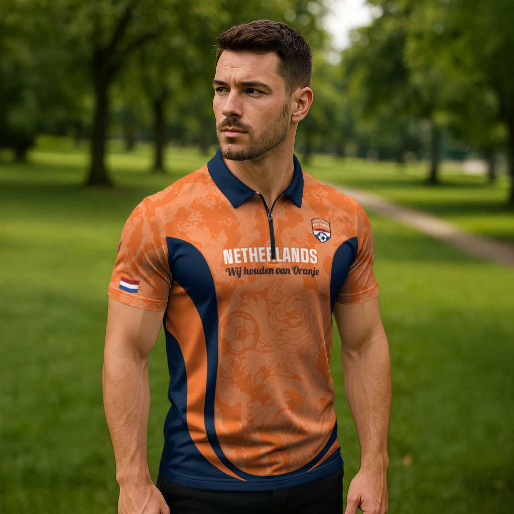 Custom Netherlands Football Zipper Polo Shirt 2026 Come On Oranje - Wonder Print Shop
