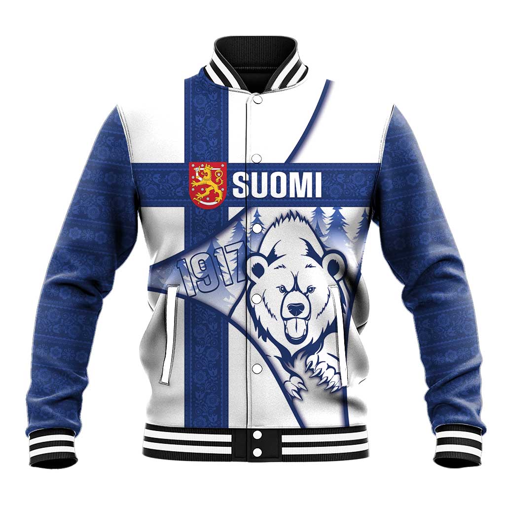 Personalised Finland Independence Day Baseball Jacket Suomi 1917 Proud Flag Finnish Folk Pattern - Wonder Print Shop
