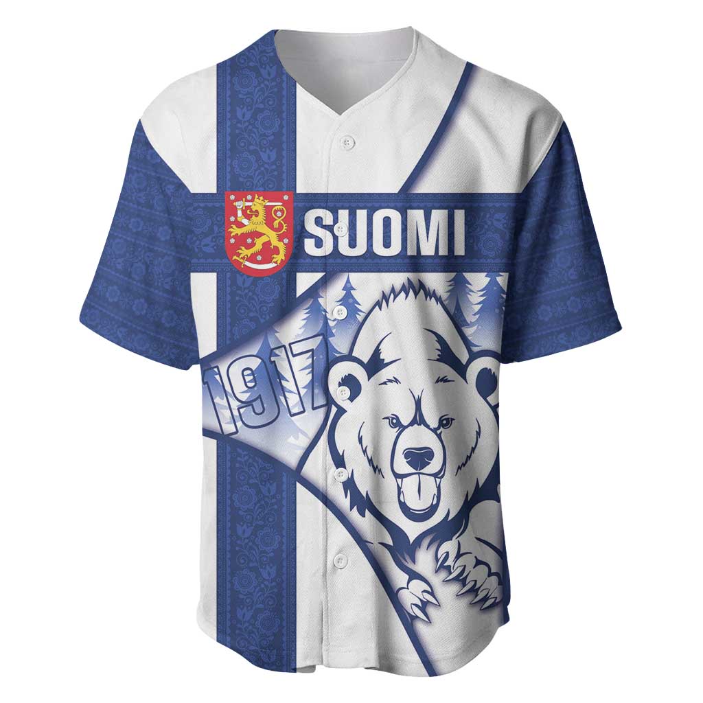 Personalised Finland Independence Day Baseball Jersey Suomi 1917 Proud Flag Finnish Folk Pattern - Wonder Print Shop
