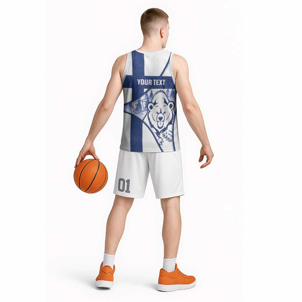 Personalised Finland Independence Day Basketball Jersey Suomi 1917 Proud Flag Finnish Folk Pattern - Wonder Print Shop