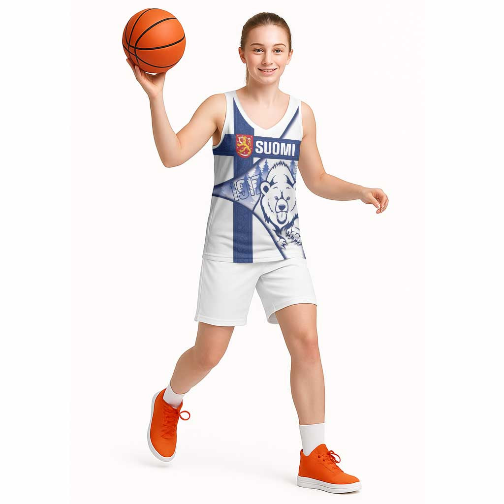 Personalised Finland Independence Day Basketball Jersey Suomi 1917 Proud Flag Finnish Folk Pattern - Wonder Print Shop