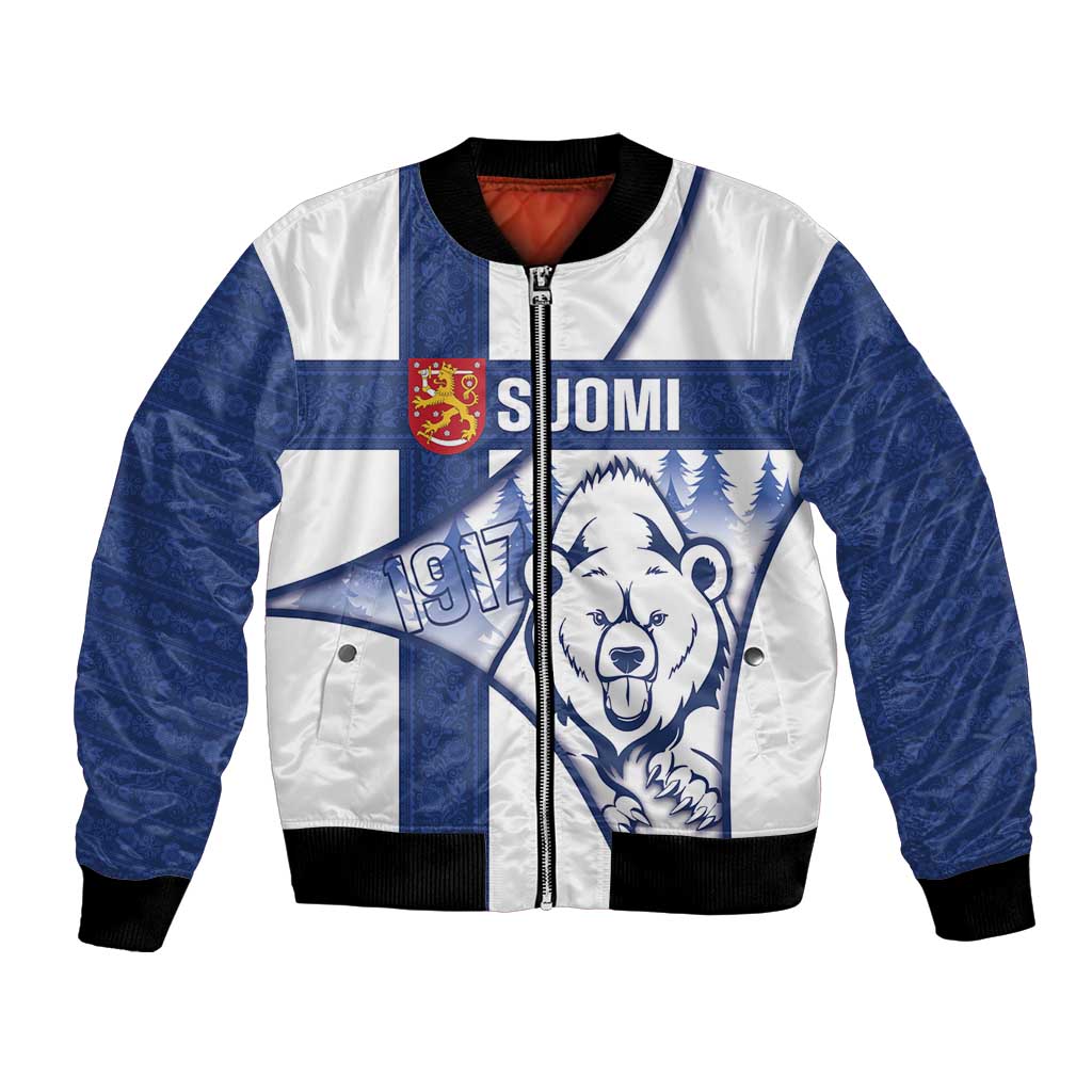 Personalised Finland Independence Day Bomber Jacket Suomi 1917 Proud Flag Finnish Folk Pattern - Wonder Print Shop