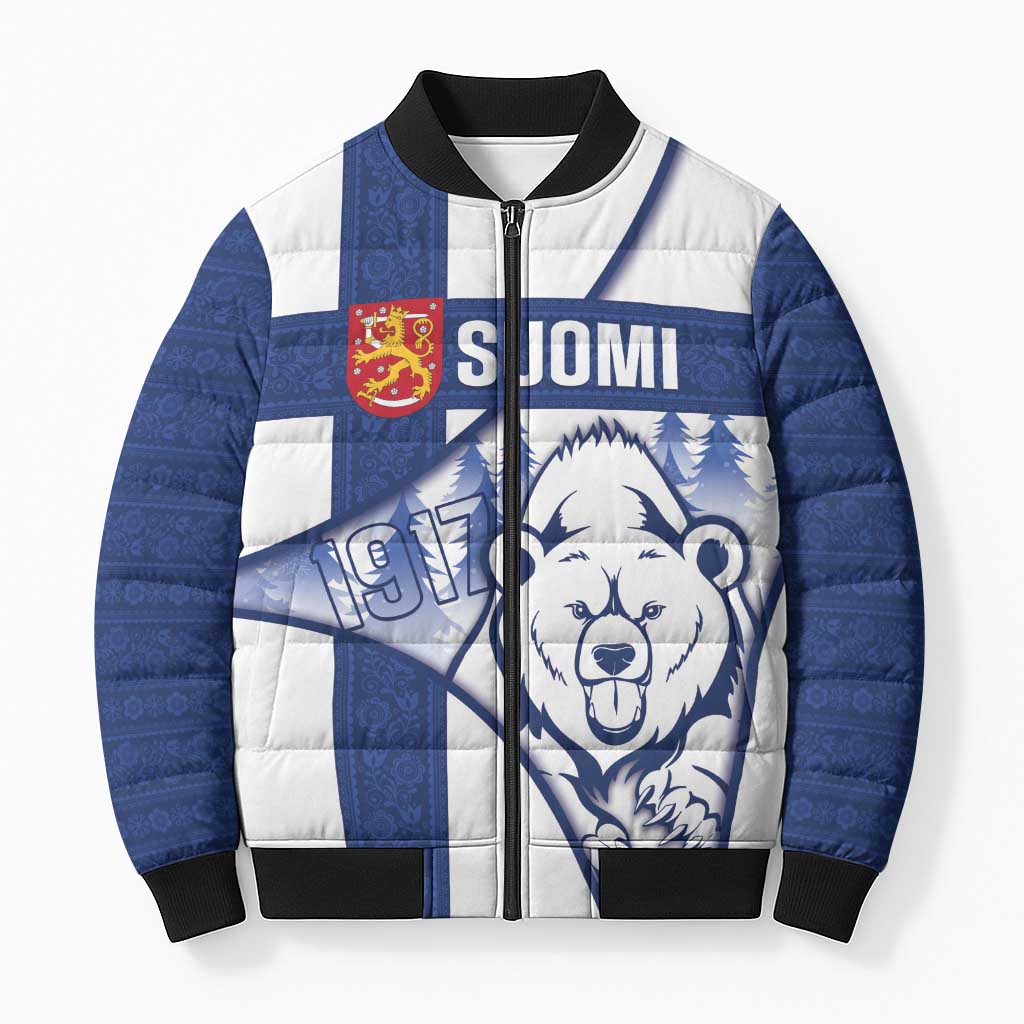 Personalised Finland Independence Day Bomber Puffer Jacket Suomi 1917 Proud Flag Finnish Folk Pattern - Wonder Print Shop