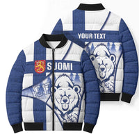 Personalised Finland Independence Day Bomber Puffer Jacket Suomi 1917 Proud Flag Finnish Folk Pattern - Wonder Print Shop