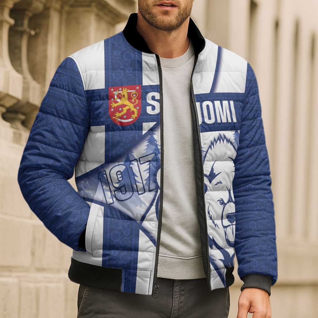 Personalised Finland Independence Day Bomber Puffer Jacket Suomi 1917 Proud Flag Finnish Folk Pattern - Wonder Print Shop