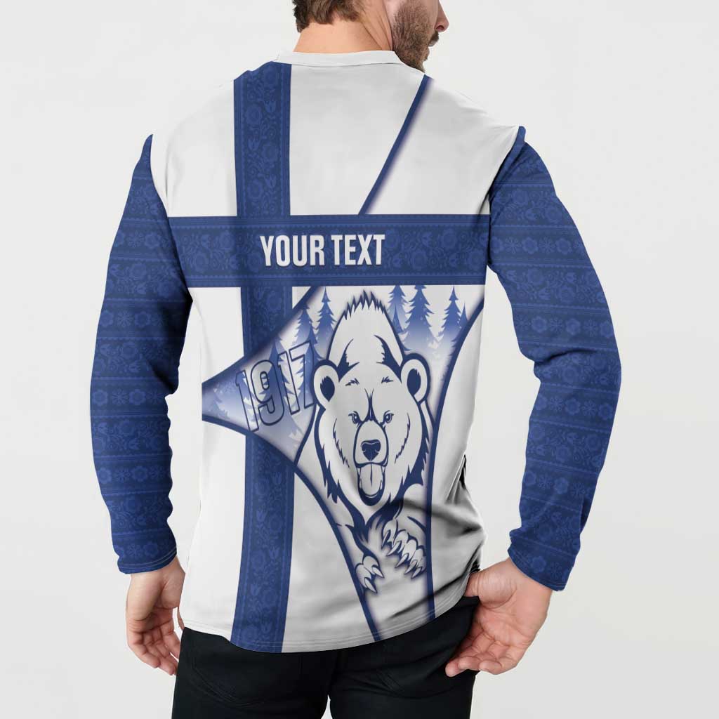 Personalised Finland Independence Day Button Sweatshirt Suomi 1917 Proud Flag Finnish Folk Pattern - Wonder Print Shop