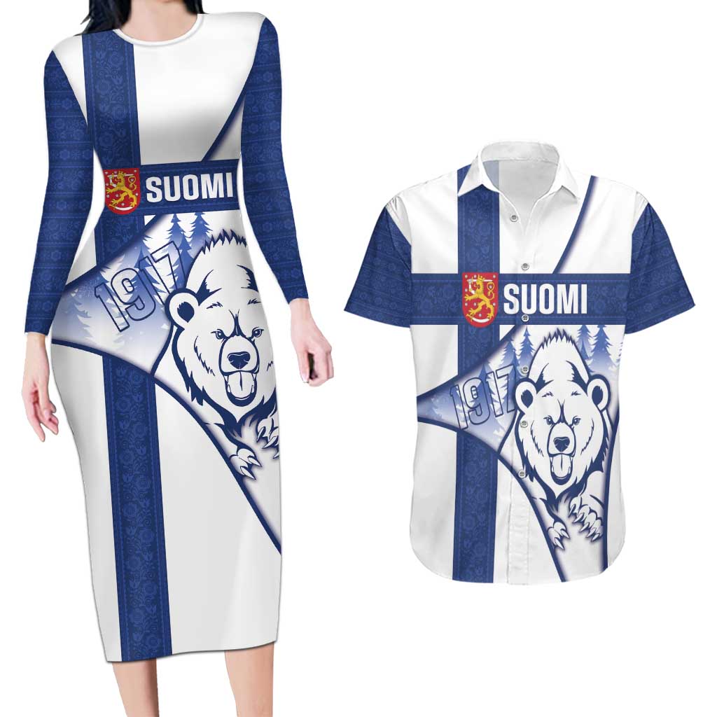 Personalised Finland Independence Day Couples Matching Long Sleeve Bodycon Dress and Hawaiian Shirt Suomi 1917 Proud Flag Finnish Folk Pattern - Wonder Print Shop