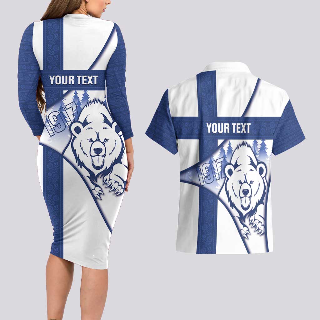 Personalised Finland Independence Day Couples Matching Long Sleeve Bodycon Dress and Hawaiian Shirt Suomi 1917 Proud Flag Finnish Folk Pattern - Wonder Print Shop
