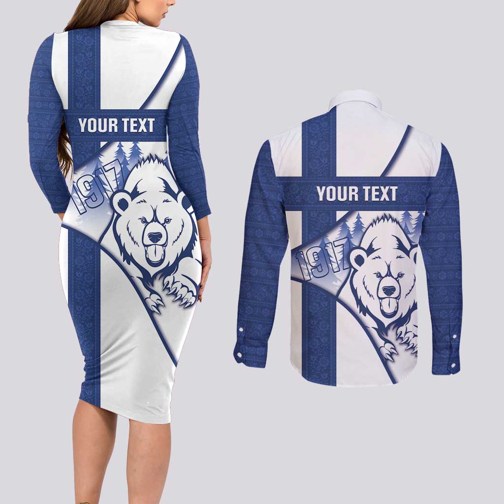 Personalised Finland Independence Day Couples Matching Long Sleeve Bodycon Dress and Long Sleeve Button Shirt Suomi 1917 Proud Flag Finnish Folk Pattern - Wonder Print Shop