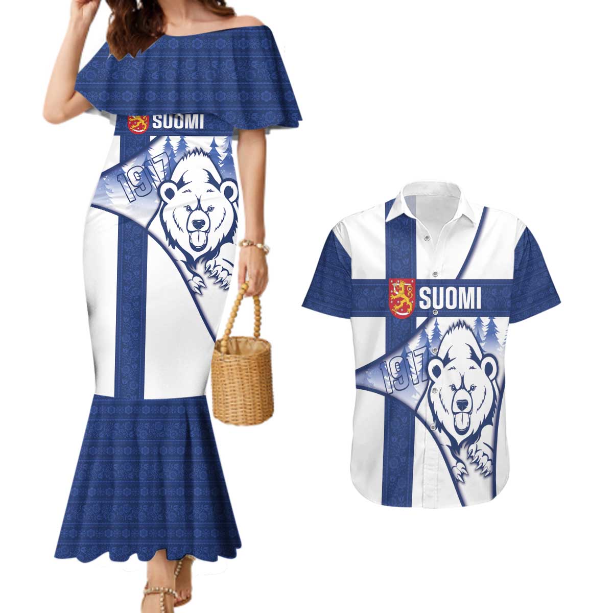 Personalised Finland Independence Day Couples Matching Mermaid Dress and Hawaiian Shirt Suomi 1917 Proud Flag Finnish Folk Pattern - Wonder Print Shop