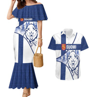 Personalised Finland Independence Day Couples Matching Mermaid Dress and Hawaiian Shirt Suomi 1917 Proud Flag Finnish Folk Pattern - Wonder Print Shop