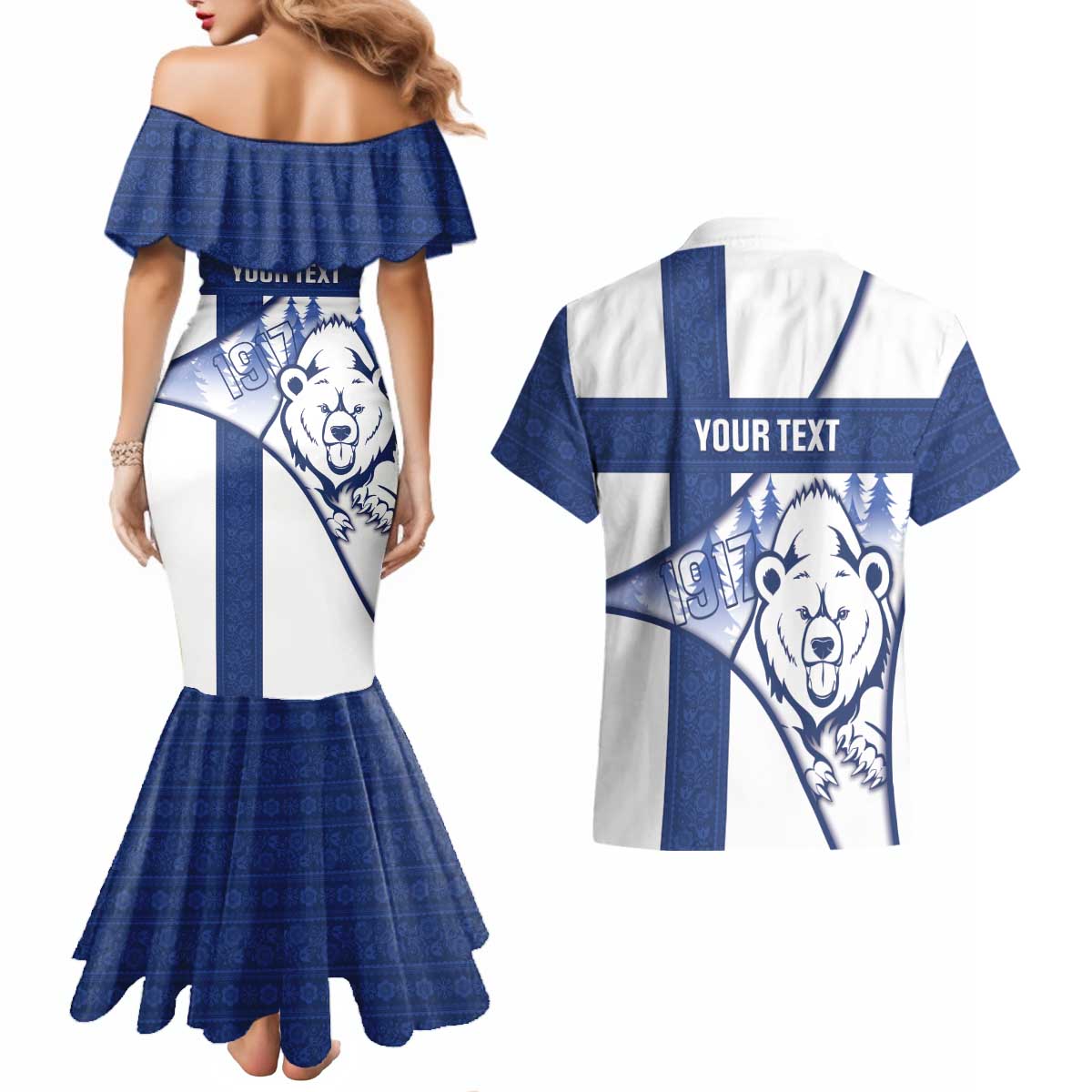 Personalised Finland Independence Day Couples Matching Mermaid Dress and Hawaiian Shirt Suomi 1917 Proud Flag Finnish Folk Pattern - Wonder Print Shop