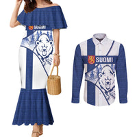 Personalised Finland Independence Day Couples Matching Mermaid Dress and Long Sleeve Button Shirt Suomi 1917 Proud Flag Finnish Folk Pattern - Wonder Print Shop