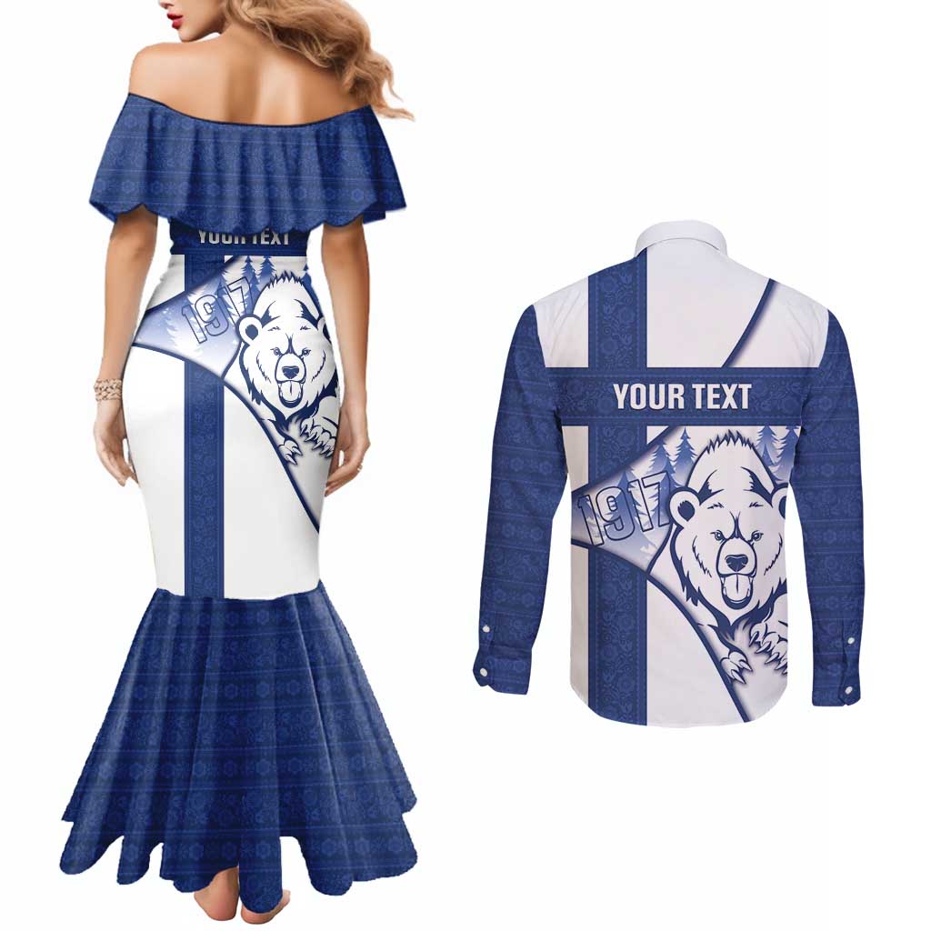 Personalised Finland Independence Day Couples Matching Mermaid Dress and Long Sleeve Button Shirt Suomi 1917 Proud Flag Finnish Folk Pattern - Wonder Print Shop