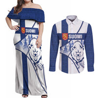 Personalised Finland Independence Day Couples Matching Off Shoulder Maxi Dress and Long Sleeve Button Shirt Suomi 1917 Proud Flag Finnish Folk Pattern - Wonder Print Shop