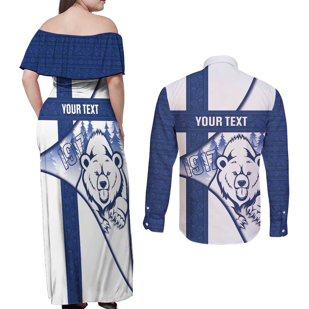 Personalised Finland Independence Day Couples Matching Off Shoulder Maxi Dress and Long Sleeve Button Shirt Suomi 1917 Proud Flag Finnish Folk Pattern - Wonder Print Shop
