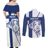 Personalised Finland Independence Day Couples Matching Off Shoulder Maxi Dress and Long Sleeve Button Shirt Suomi 1917 Proud Flag Finnish Folk Pattern - Wonder Print Shop