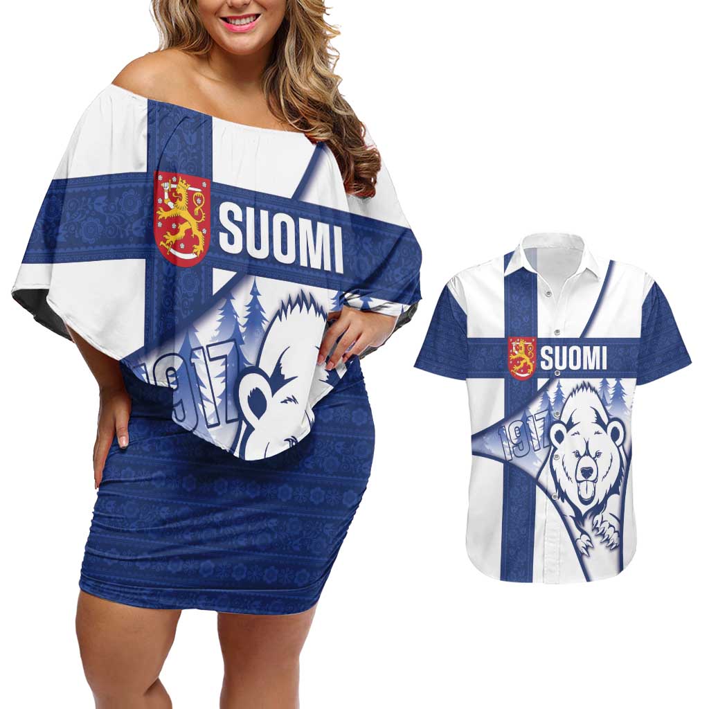 Personalised Finland Independence Day Couples Matching Off Shoulder Short Dress and Hawaiian Shirt Suomi 1917 Proud Flag Finnish Folk Pattern - Wonder Print Shop