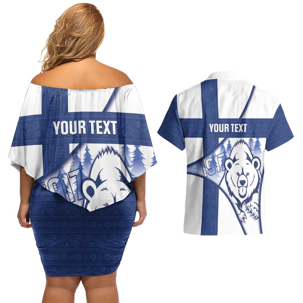 Personalised Finland Independence Day Couples Matching Off Shoulder Short Dress and Hawaiian Shirt Suomi 1917 Proud Flag Finnish Folk Pattern - Wonder Print Shop