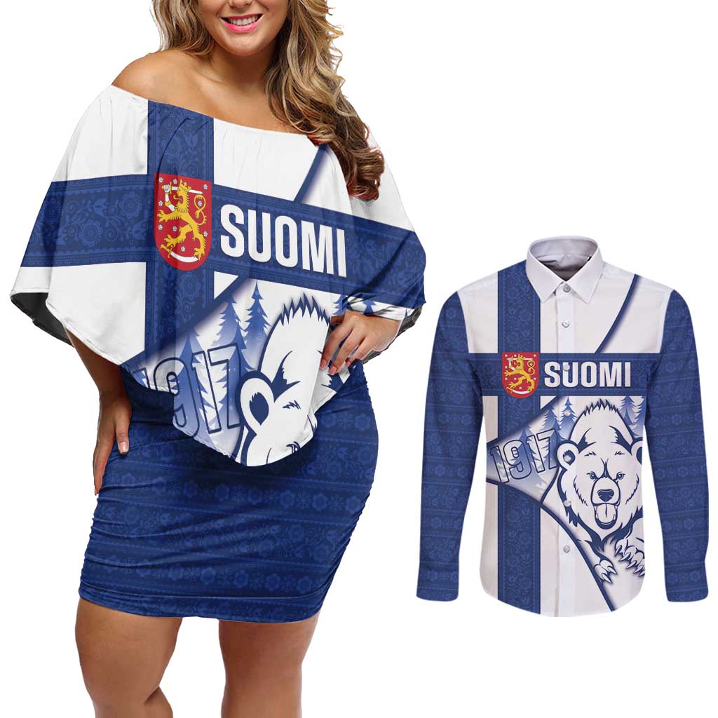 Personalised Finland Independence Day Couples Matching Off Shoulder Short Dress and Long Sleeve Button Shirt Suomi 1917 Proud Flag Finnish Folk Pattern - Wonder Print Shop