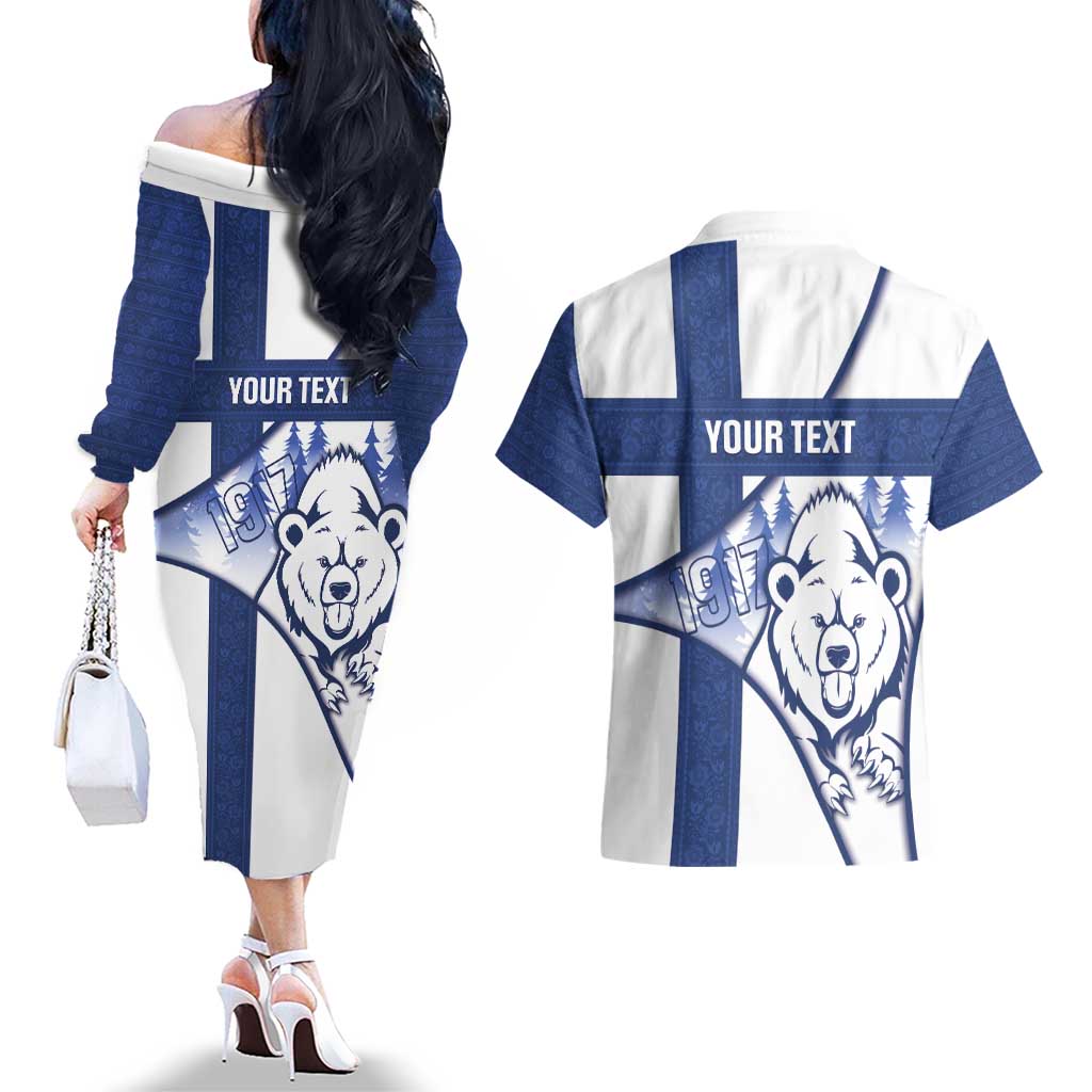 Personalised Finland Independence Day Couples Matching Off The Shoulder Long Sleeve Dress and Hawaiian Shirt Suomi 1917 Proud Flag Finnish Folk Pattern - Wonder Print Shop