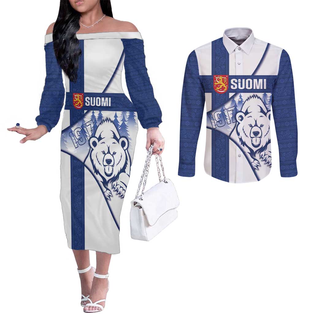 Personalised Finland Independence Day Couples Matching Off The Shoulder Long Sleeve Dress and Long Sleeve Button Shirt Suomi 1917 Proud Flag Finnish Folk Pattern - Wonder Print Shop