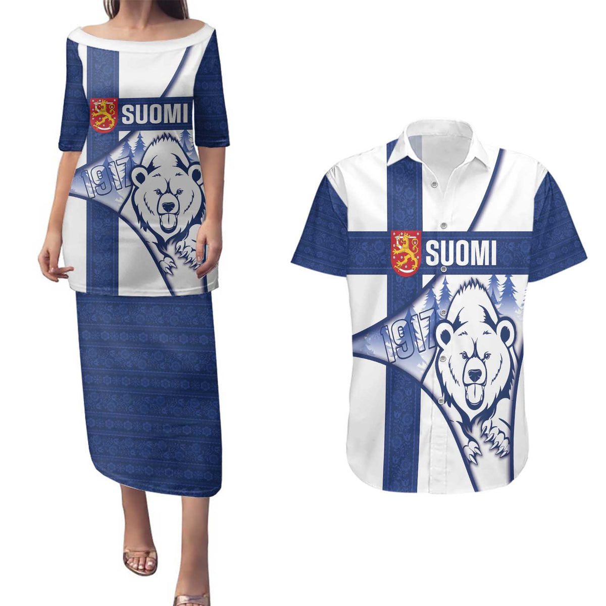 Personalised Finland Independence Day Couples Matching Puletasi and Hawaiian Shirt Suomi 1917 Proud Flag Finnish Folk Pattern - Wonder Print Shop