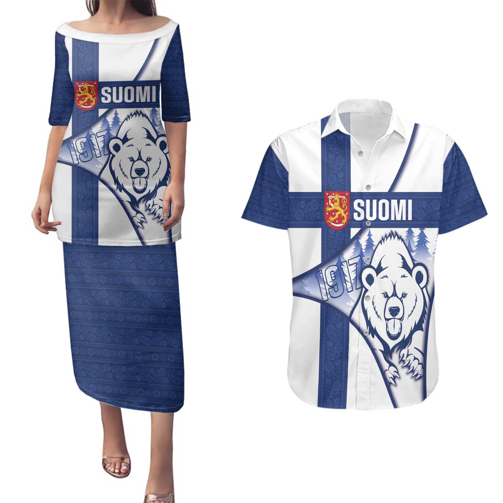 Personalised Finland Independence Day Couples Matching Puletasi and Hawaiian Shirt Suomi 1917 Proud Flag Finnish Folk Pattern - Wonder Print Shop