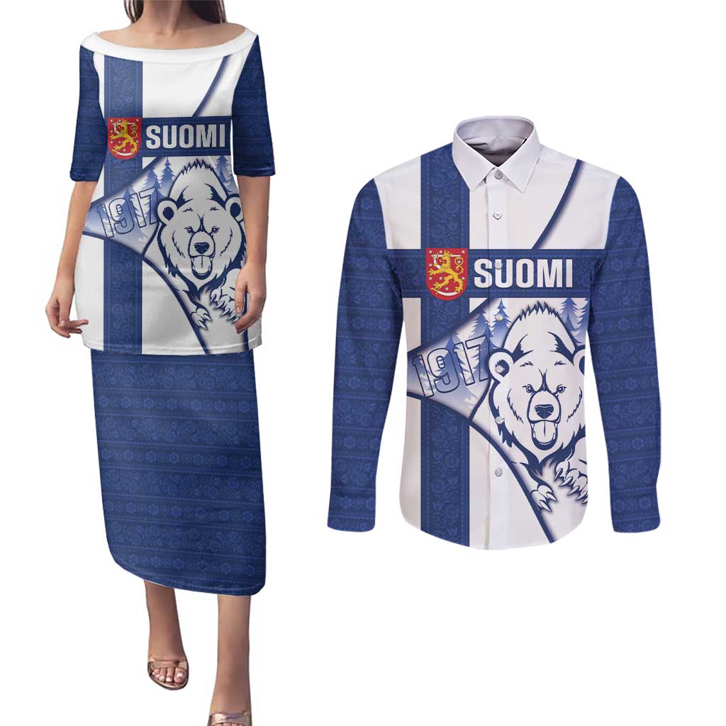 Personalised Finland Independence Day Couples Matching Puletasi and Long Sleeve Button Shirt Suomi 1917 Proud Flag Finnish Folk Pattern - Wonder Print Shop